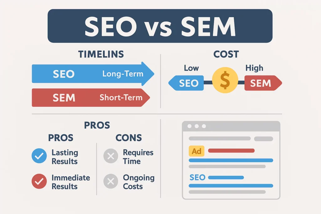 SEO vs SEM infographic illustrating key differences in digital marketing strategies.